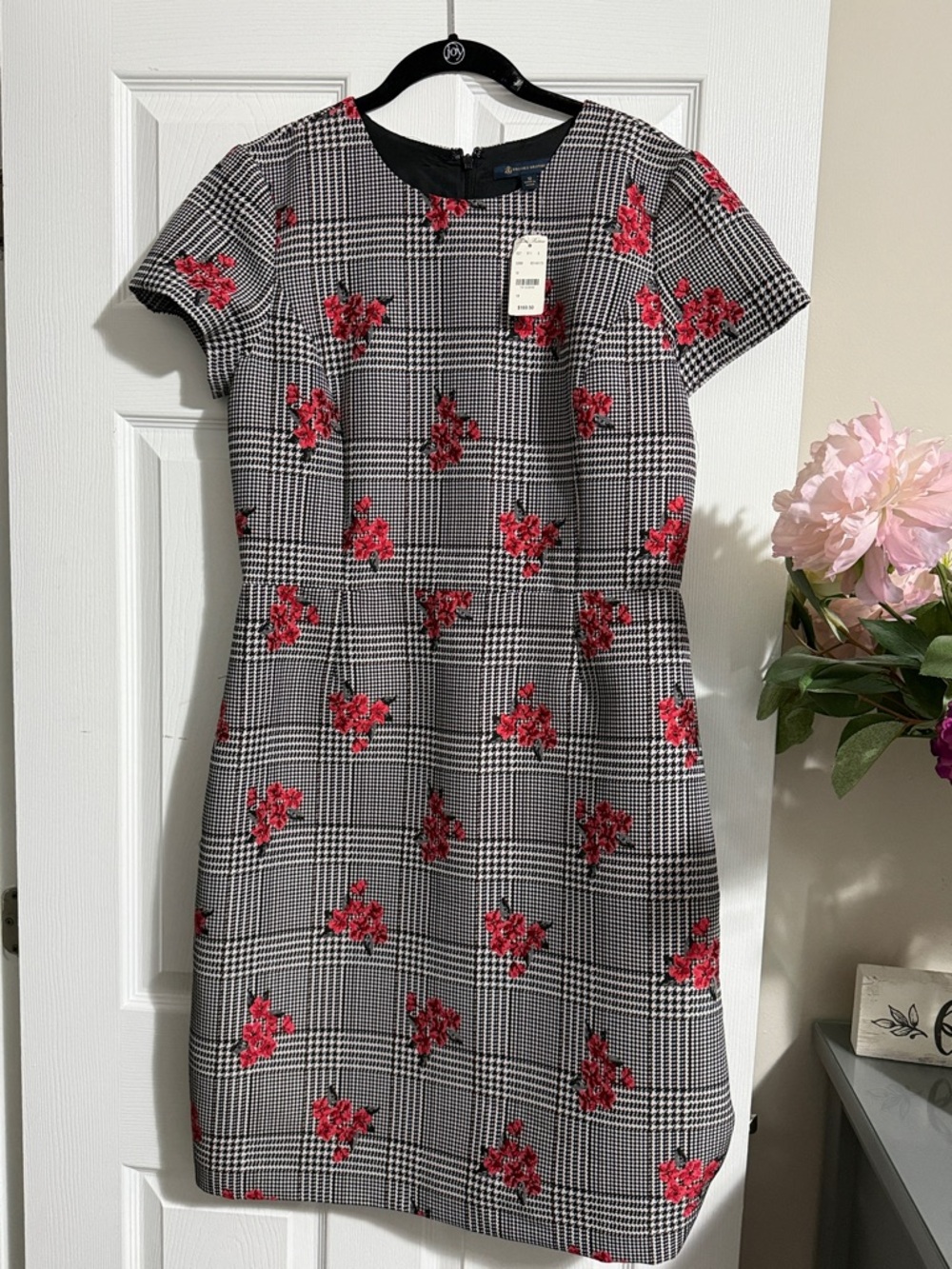 Brooks Brothers Black-and-White Plaid  Dress with Red Floral Motifs Brand New